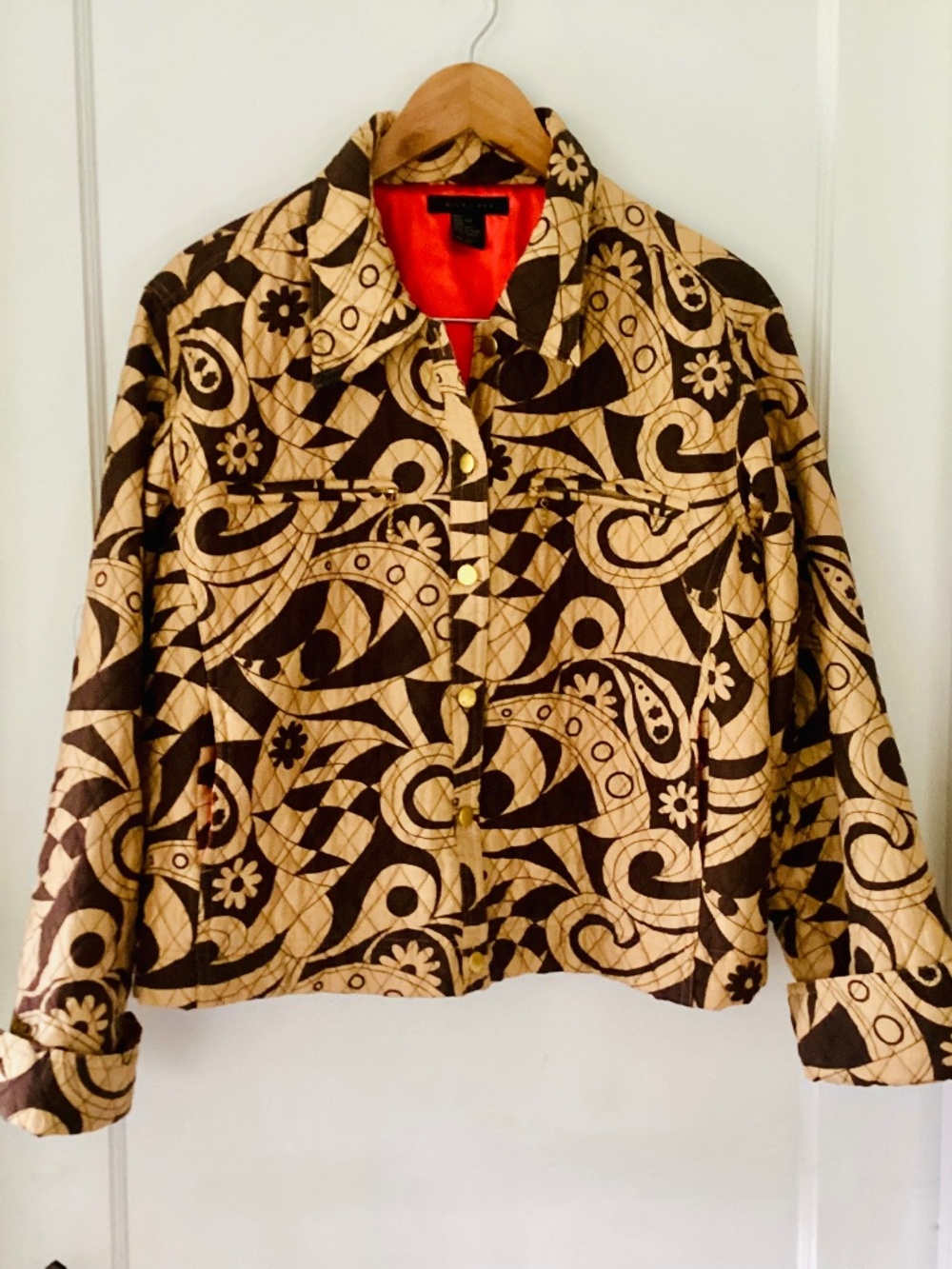 Silkland 100% Silk Quilted Vintage Jacket Size L Brass Snaps Pockets Brown Print